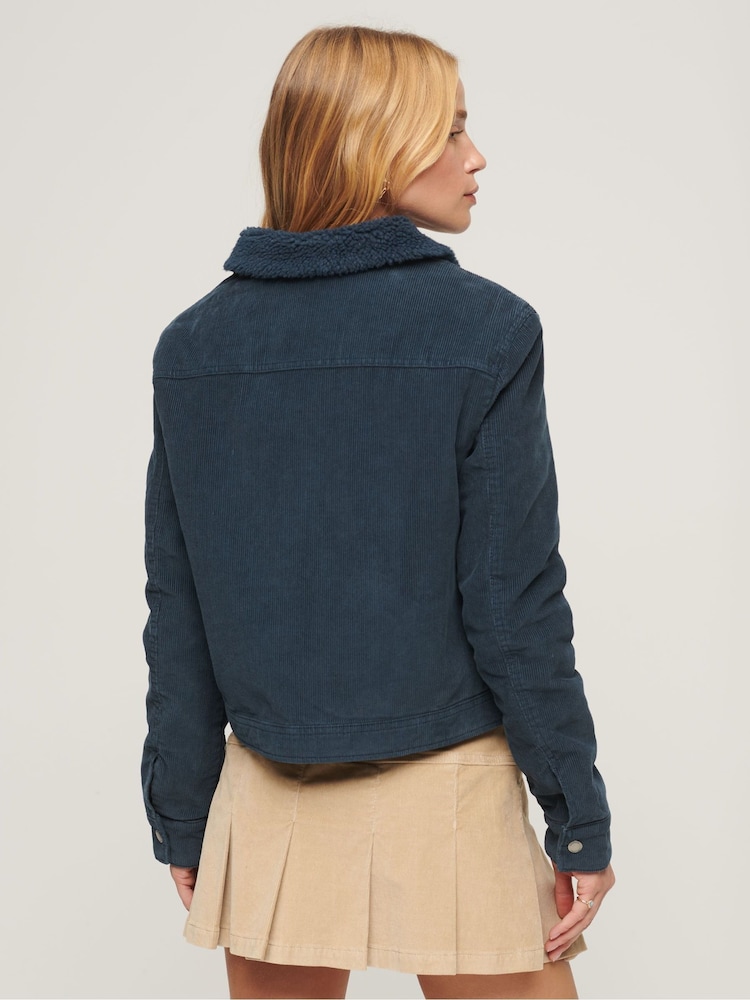 Superdry Blue Cropped Sherpa Lined Cord Jacket - Image 2 of 3