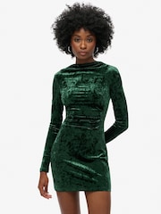 Superdry Green Velvet Long Sleeve Mini Dress - Image 1 of 5
