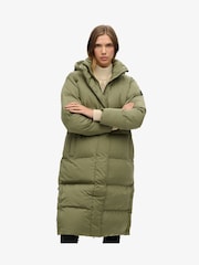 Superdry Olive Green Hooded Longline Puffer Coat - Image 1 of 7