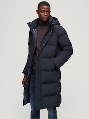 Superdry Blue Longline Hooded Puffer Coat - Image 1 of 6
