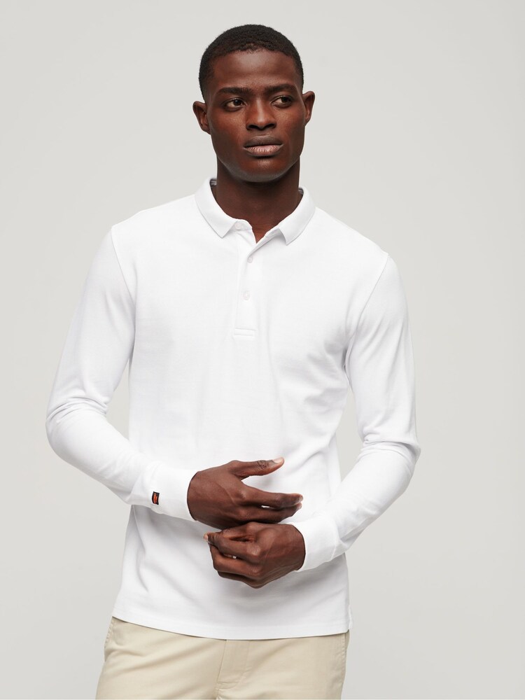Superdry White Long Sleeve Cotton Pique Polo Shirt - Image 1 of 6