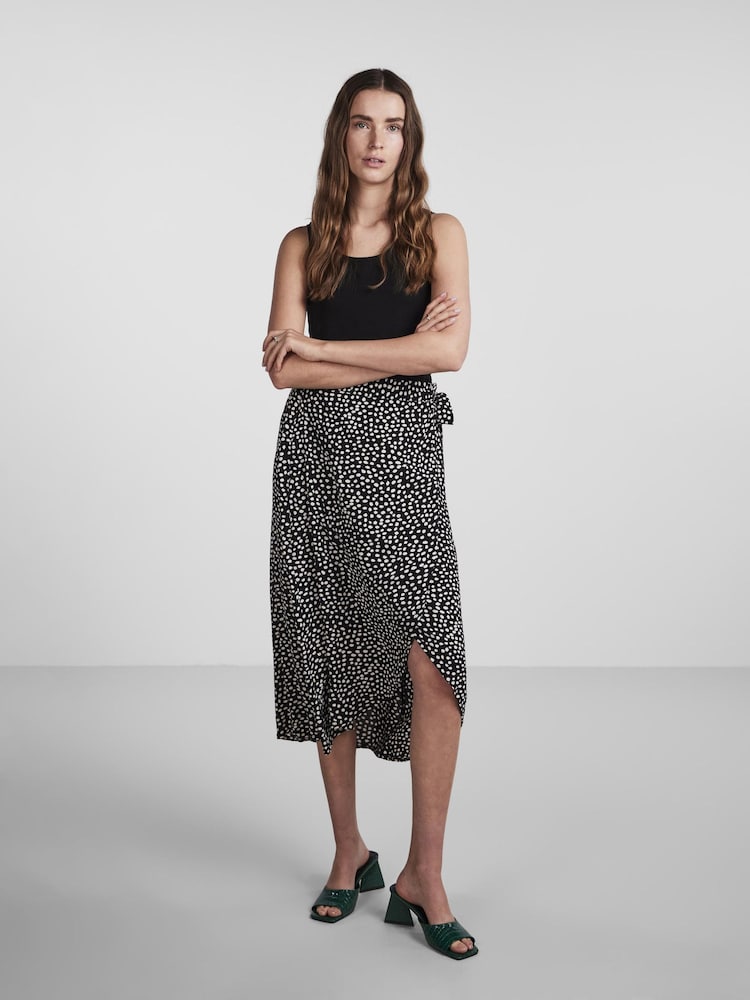 PIECES Black Printed Midi Wrap Skirt - Image 1 of 5