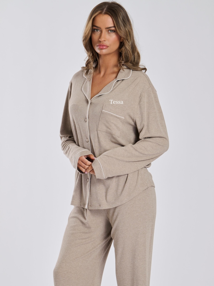 Personalised Luxury Ribbed Jersey Long Pyjamas - Image 1 of 1 Personalised Luxury Ribbed Jersey Long Pyjamas - Image 1 of 1