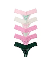 Victoria's Secret Pink Pink/Green Thong 5 Pack Ribbed Lace Trim Knickers - Image 1 of 1