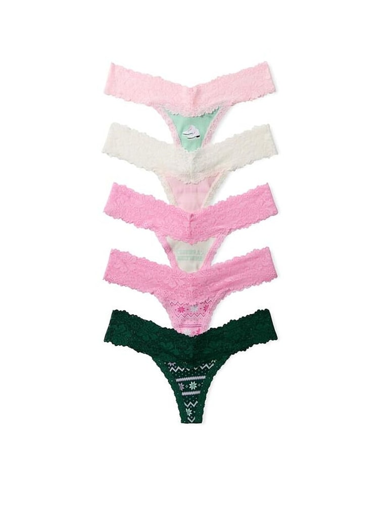 Victoria's Secret Pink Pink/Green Thong 5 Pack Ribbed Lace Trim Knickers - Image 1 of 1
