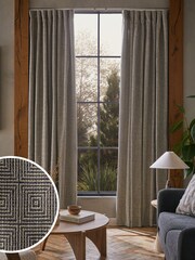 Black/White Monochrome Woven Geometric Wave Header Lined Curtains - Image 1 of 6