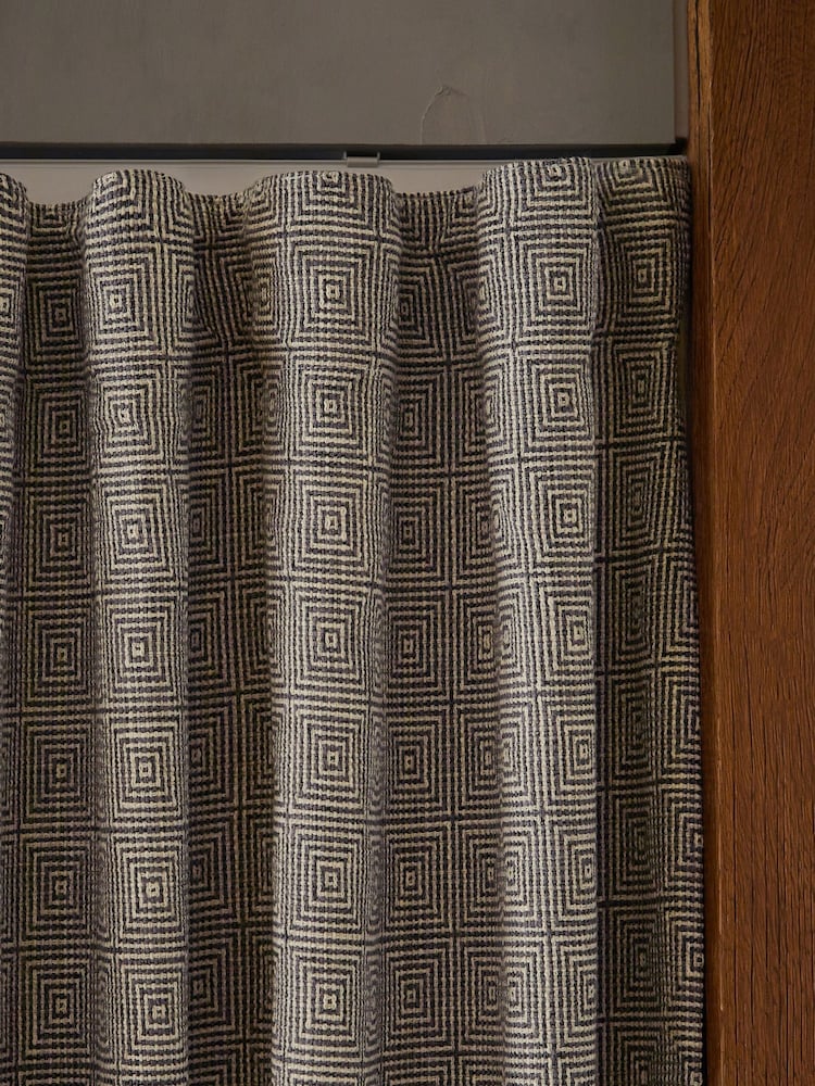 Black/White Monochrome Woven Geometric Wave Header Lined Curtains - Image 5 of 6