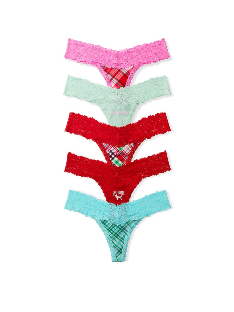 Victoria's Secret Pink Red/Green/Pink Tartan Thong 5 Pack Ribbed Lace Trim Knickers - Image 1 of 1