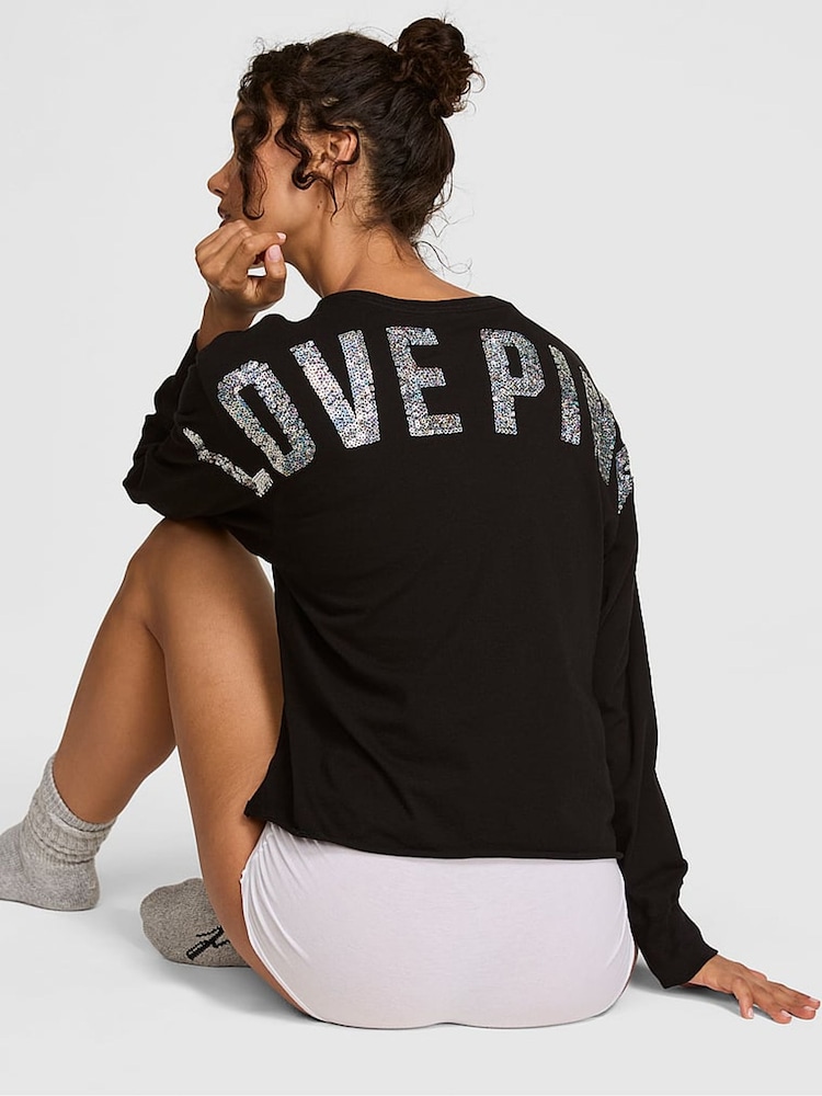 Victoria's Secret Pink Black Sequin Cotton Long Sleeve T-Shirt - Image 2 of 2 Victoria's Secret Pink Black Sequin Cotton Long Sleeve T-Shirt - Image 2 of 2