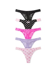 Victoria's Secret Pink Black/Pink/Purple Thong 5 Pack Logo Knickers - Image 1 of 1