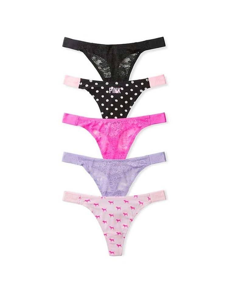 Victoria's Secret Pink Black/Pink/Purple Thong 5 Pack Logo Knickers - Image 1 of 1 Victoria's Secret Pink Black/Pink/Purple Thong 5 Pack Logo Knickers - Image 1 of 1