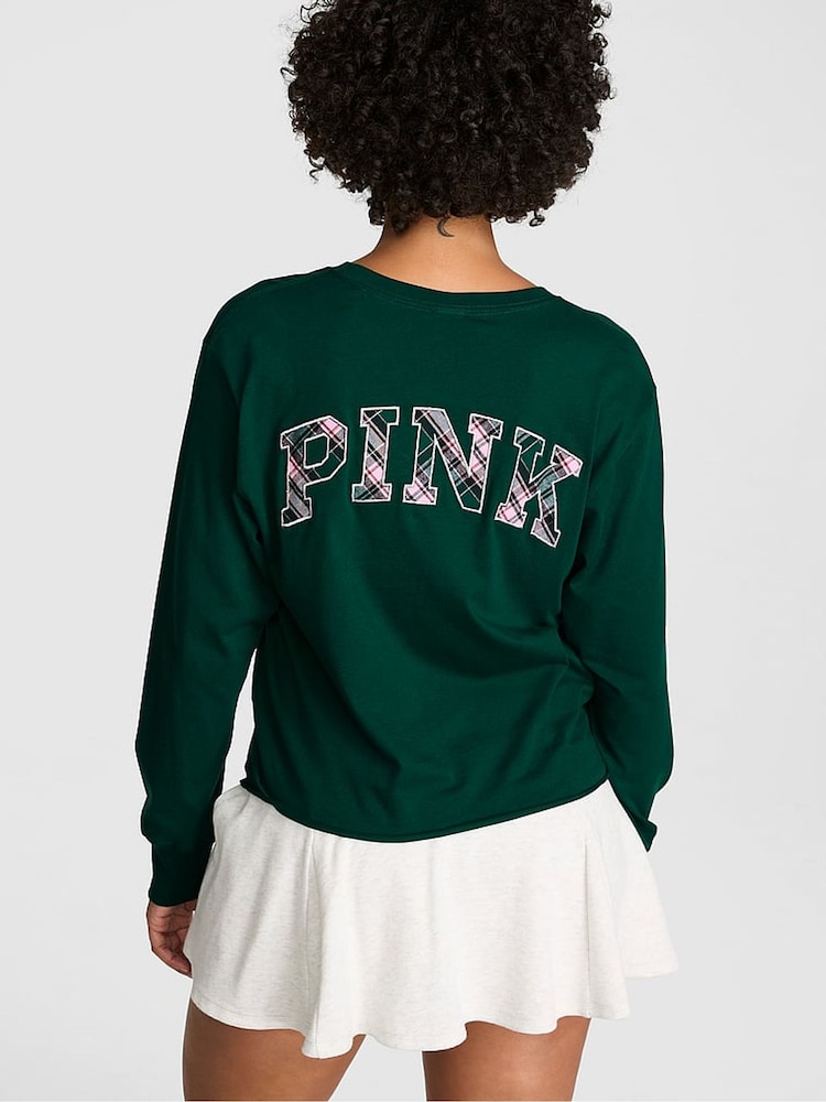 Victoria's Secret Pink Dark Garden Green Tartan Cotton Long Sleeve T-Shirt - Image 1 of 2