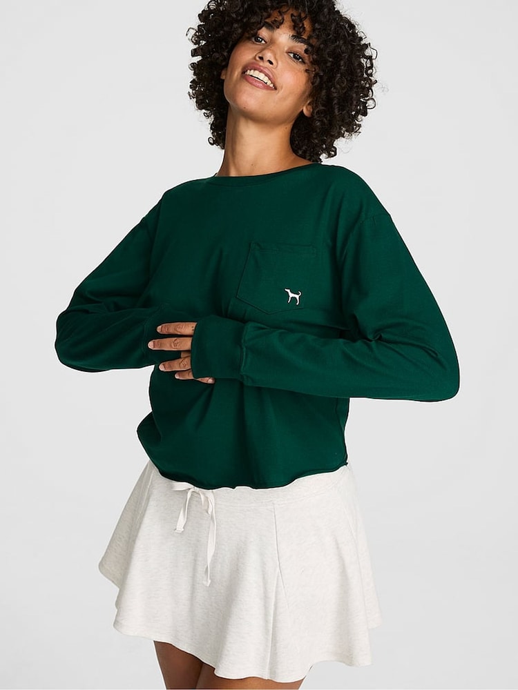 Victoria's Secret Pink Dark Garden Green Tartan Cotton Long Sleeve T-Shirt - Image 2 of 2