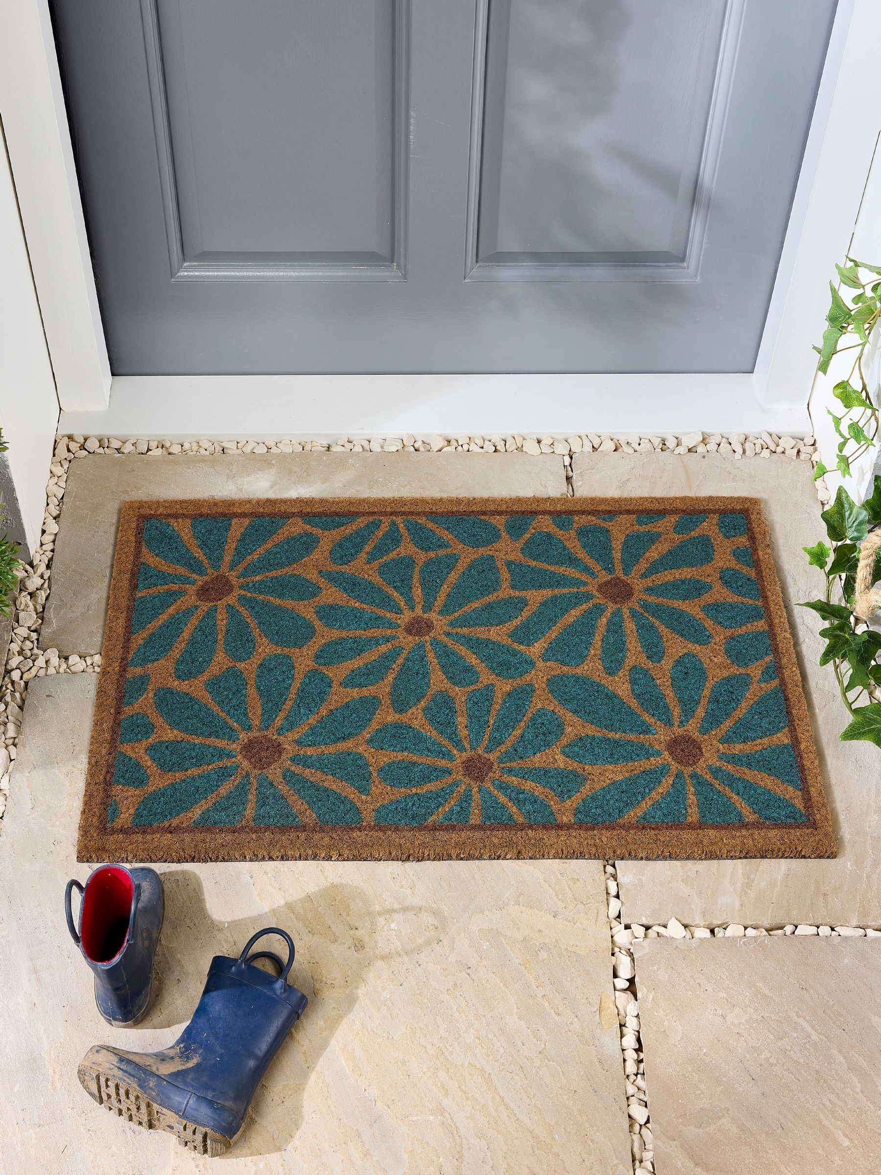 My Mat Teal Boho Floral Coir Doormat
