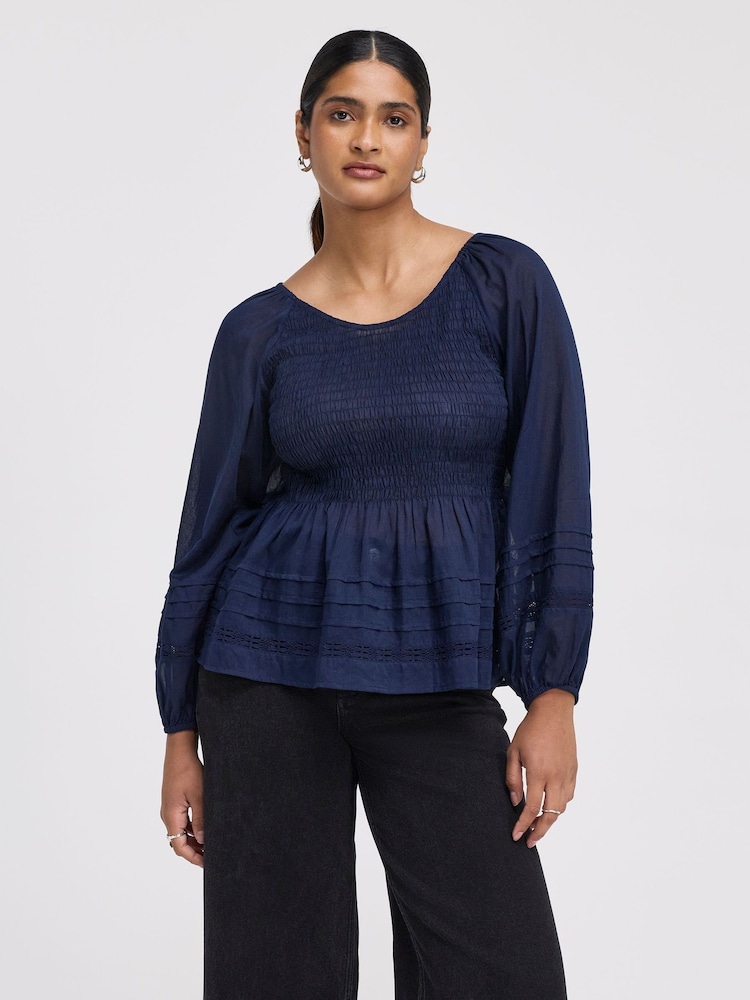 Finery Blue Jennie Shirred Long Sleeve Cotton Top - Image 1 of 4 Finery Blue Jennie Shirred Long Sleeve Cotton Top - Image 1 of 4