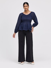 Finery Blue Jennie Shirred Long Sleeve Cotton Top - Image 2 of 4