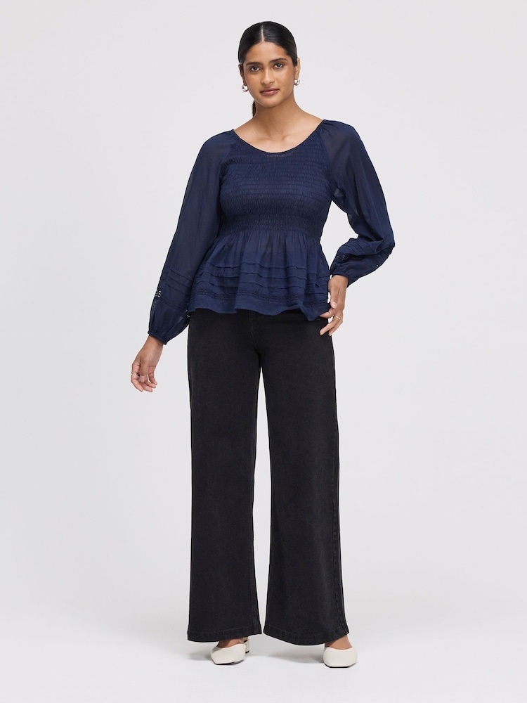 Finery Blue Jennie Shirred Long Sleeve Cotton Top - Image 2 of 4 Finery Blue Jennie Shirred Long Sleeve Cotton Top - Image 2 of 4