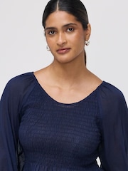 Finery Blue Jennie Shirred Long Sleeve Cotton Top - Image 3 of 4