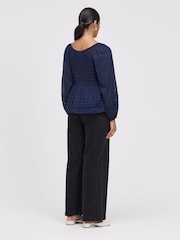 Finery Blue Jennie Shirred Long Sleeve Cotton Top - Image 4 of 4
