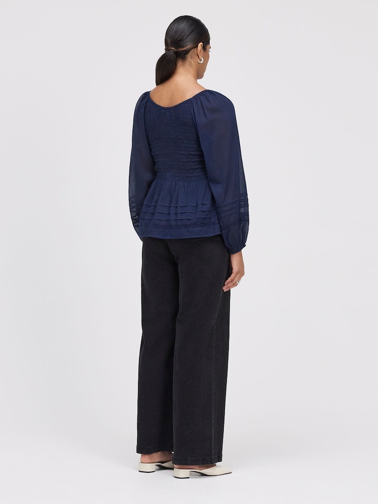 Finery Blue Jennie Shirred Long Sleeve Cotton Top - Image 4 of 4 Finery Blue Jennie Shirred Long Sleeve Cotton Top - Image 4 of 4