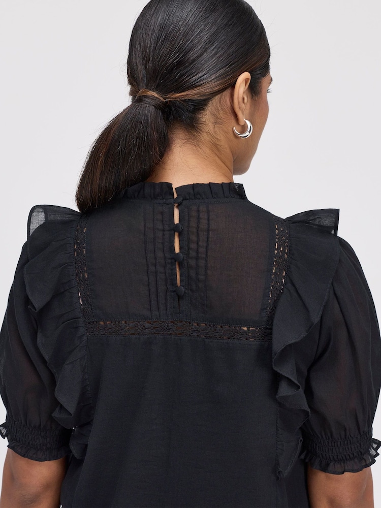 Finery Black Jolin Puff Sleeve Cotton Top - Image 4 of 4