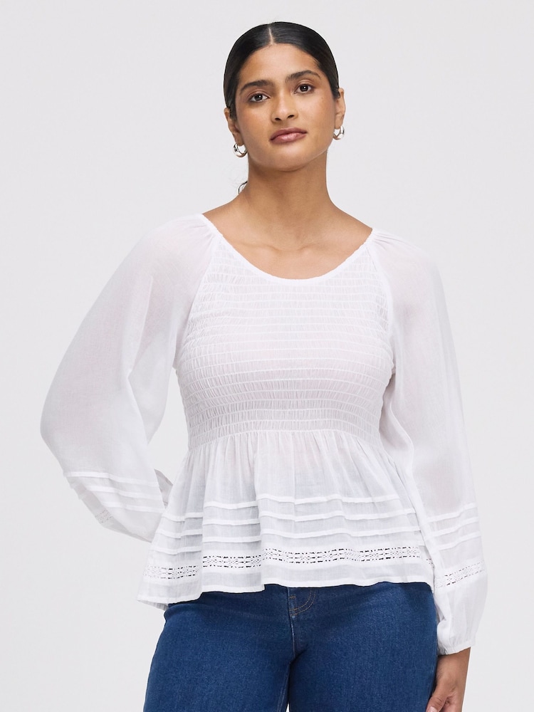 Finery White Jennie Shirred Long Sleeve Cotton Top - Image 1 of 4 Finery White Jennie Shirred Long Sleeve Cotton Top - Image 1 of 4