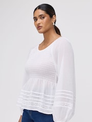 Finery White Jennie Shirred Long Sleeve Cotton Top - Image 3 of 4