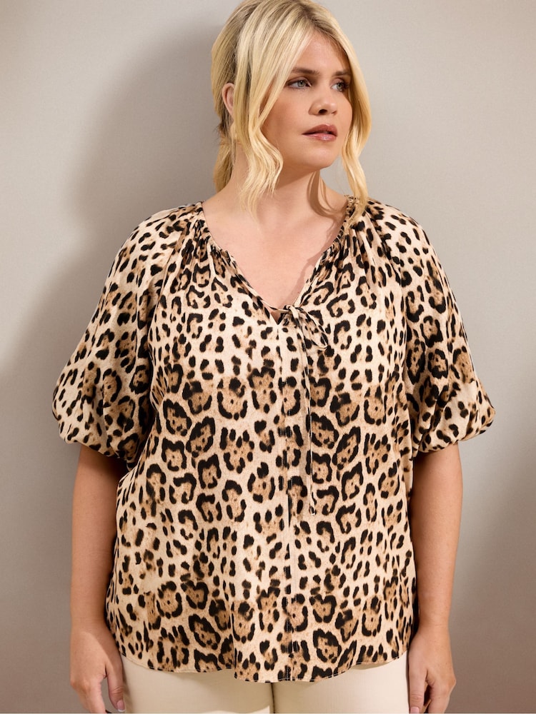 Live Unlimited Animal Animal Print Tie Front Puff Sleeve Blouse - Image 2 of 4