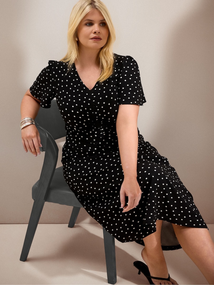 Live Unlimited Black Polka Dot Print Jersey Short Sleeve Midi Dress - Image 2 of 6 Live Unlimited Black Polka Dot Print Jersey Short Sleeve Midi Dress - Image 2 of 6