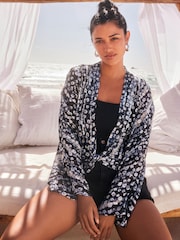 Navy Blue/Pewter Tie Front Kimono Cover-Up - Image 1 of 7
