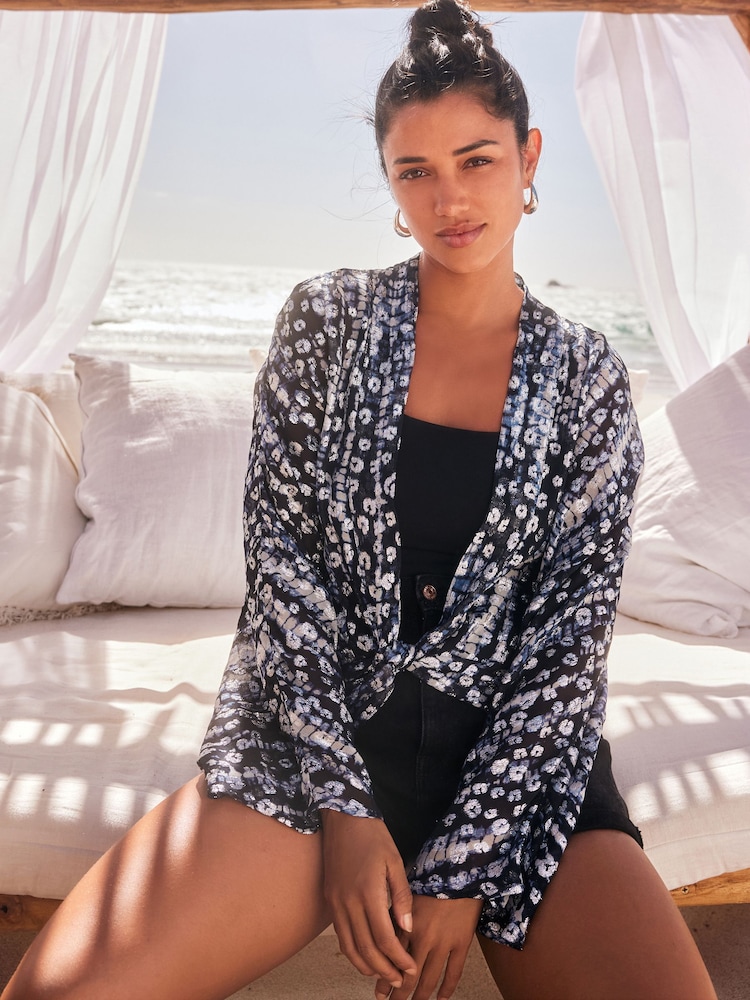 Navy Blue/Pewter Tie Front Kimono Cover-Up - Image 1 of 7