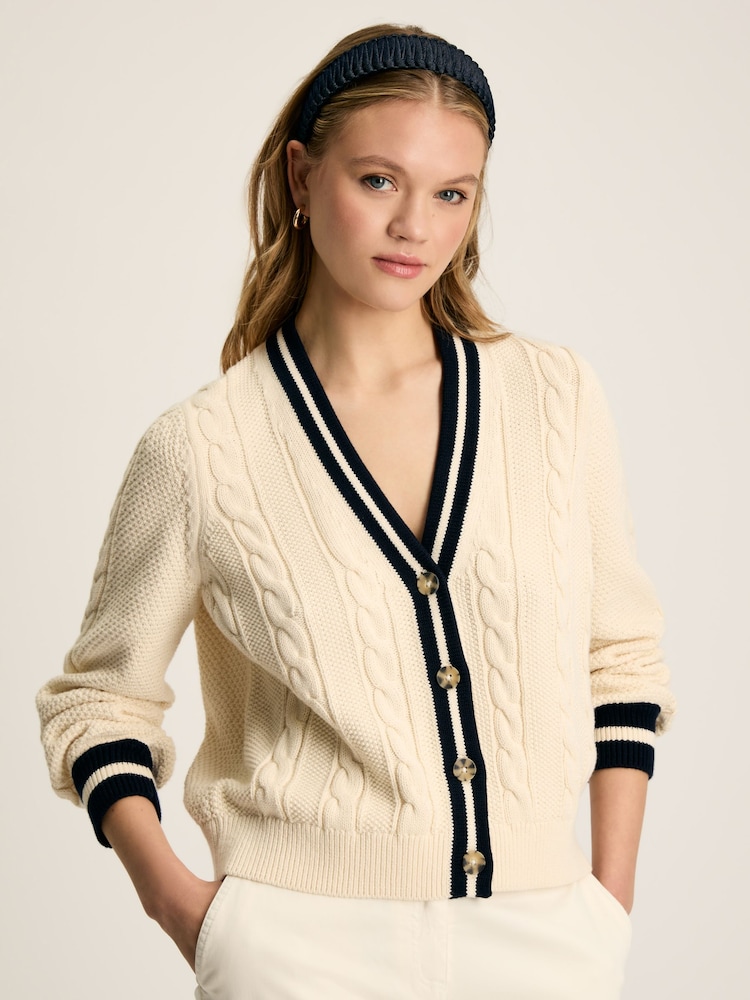 Joules Centre Court Cream & Navy Button Through Cable Knit Cardigan - Image 1 of 10
