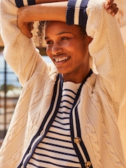 Joules Centre Court Cream & Navy Button Through Cable Knit Cardigan - Image 10 of 10