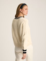 Joules Centre Court Cream & Navy Button Through Cable Knit Cardigan - Image 2 of 10