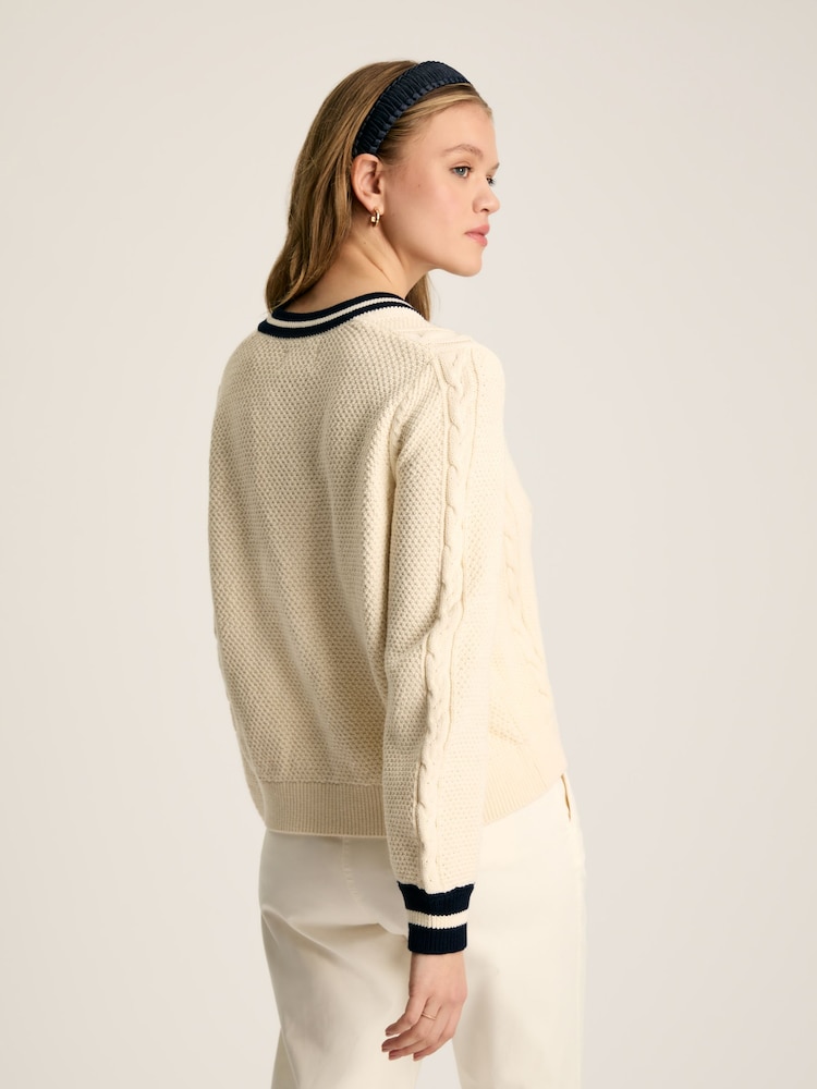 Joules Centre Court Cream & Navy Button Through Cable Knit Cardigan - Image 2 of 10