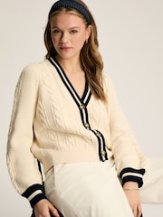 Joules Centre Court Cream & Navy Button Through Cable Knit Cardigan - Image 3 of 10