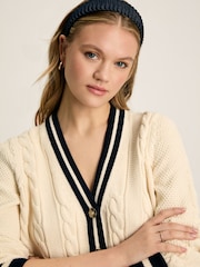 Joules Centre Court Cream & Navy Button Through Cable Knit Cardigan - Image 5 of 10