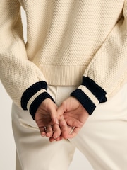 Joules Centre Court Cream & Navy Button Through Cable Knit Cardigan - Image 6 of 10