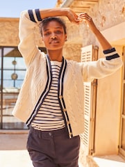 Joules Centre Court Cream & Navy Button Through Cable Knit Cardigan - Image 9 of 10