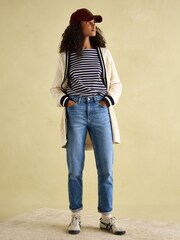 Joules Game Point Cream/Navy Button Through Longline Cable Knit Cardigan - Image 3 of 8