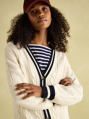 Joules Game Point Cream/Navy Button Through Longline Cable Knit Cardigan - Image 4 of 8