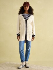 Joules Game Point Cream/Navy Button Through Longline Cable Knit Cardigan - Image 5 of 8