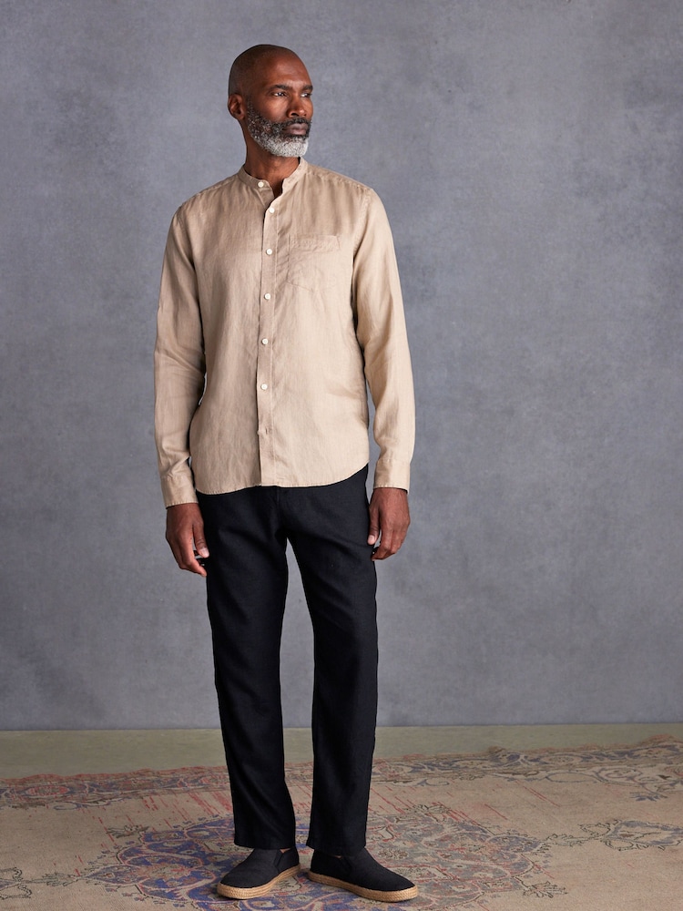 Neutral Grandad Collar Signature 100% Linen Long Sleeve Shirt - Image 2 of 8