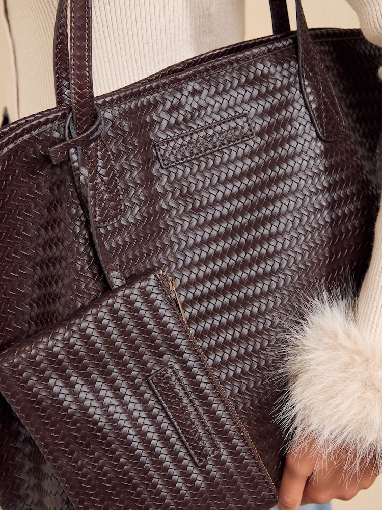 Friends Like These Chocolate Brown Weave Shopper Bag with Pouch - Image 2 of 4 Friends Like These Chocolate Brown Weave Shopper Bag with Pouch - Image 2 of 4