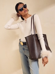 Friends Like These Chocolate Brown Weave Shopper Bag with Pouch - Image 3 of 4