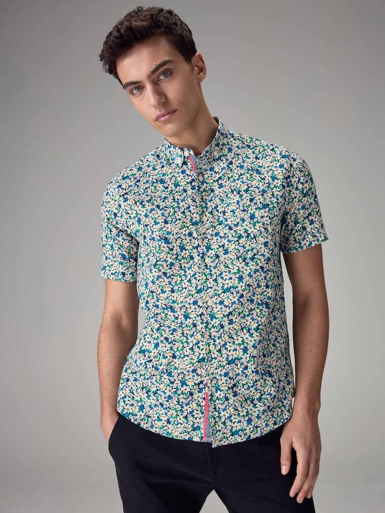 Multicolour Linen Blend Floral Short Sleeve Shirt - Image 1 of 8