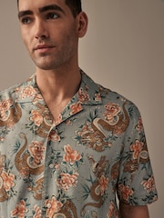 Green Printed Short Sleeve Shirt With Cuban Collar - Image 1 of 7
