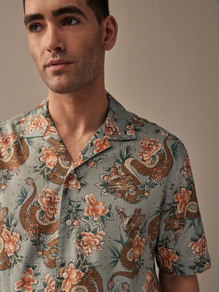 Green Printed Short Sleeve Shirt With Cuban Collar - Image 1 of 7
