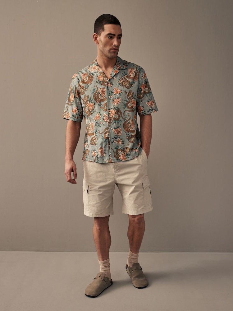Green Printed Short Sleeve Shirt With Cuban Collar - Image 2 of 7