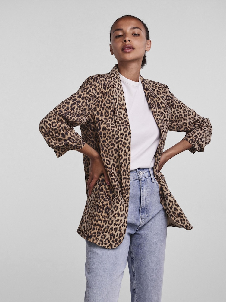 PIECES Animal Leopard Print Relaxed Ruched Sleeve Workwear 100% Cotton Blazer - Image 1 of 4